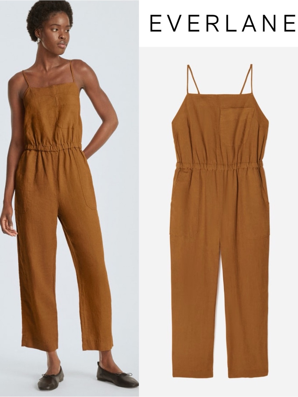 Everlane Linen Shoestring Apron Jumpsuit Spice Brown Small S Wide Leg Boho